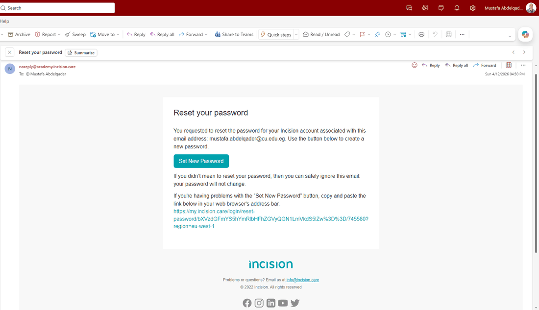 رسالة Reset your password على البريد الأكاديمي